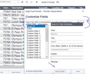 Sage Fixed Assets screen resolution display issue customize fields dialog