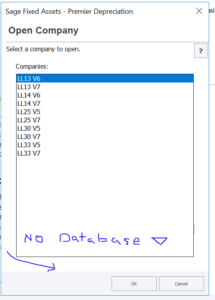 Sage Fixed Assets screen resolution display issue open company no database dialog